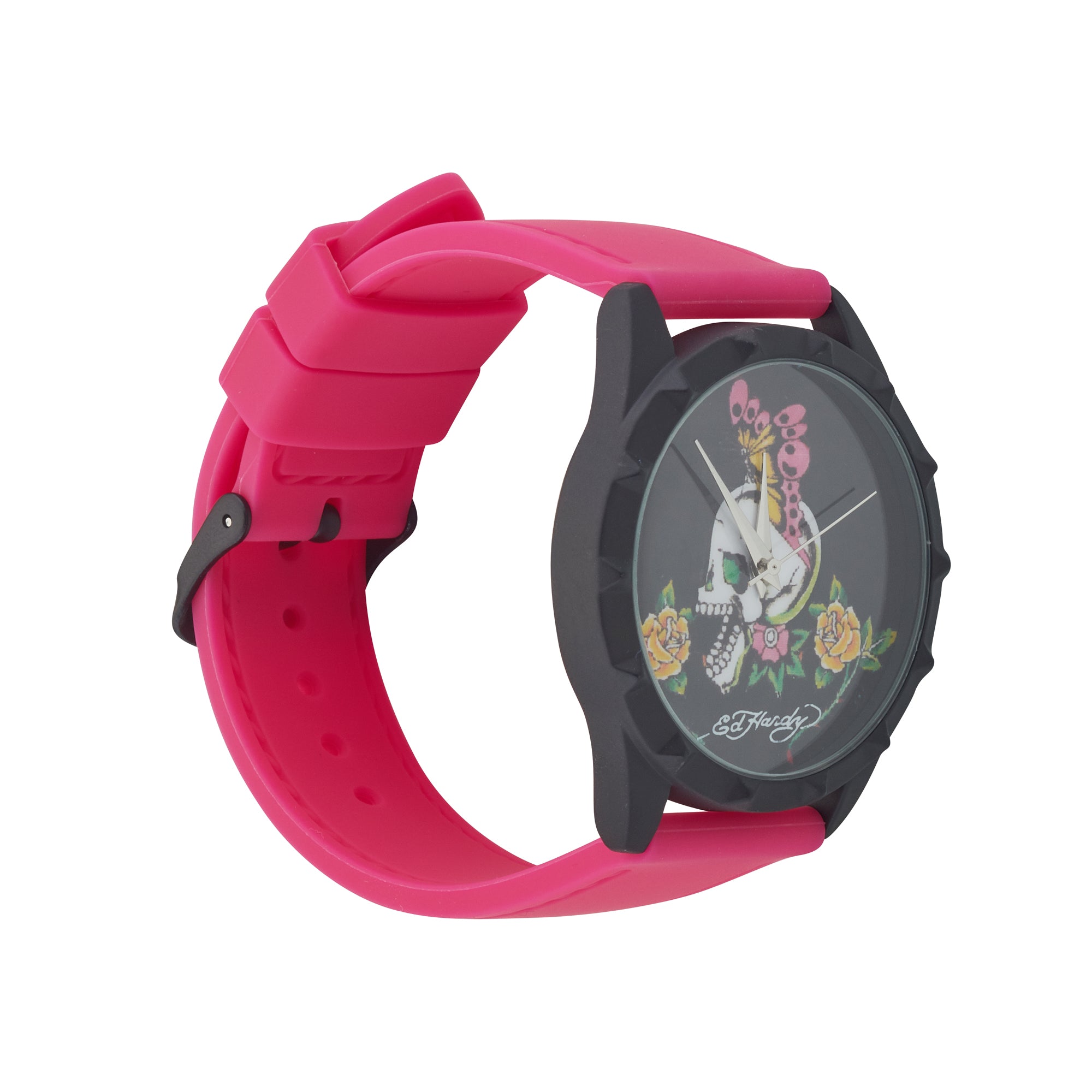 Ed Hardy Ladies Black/Fushia Plain Watch Analog