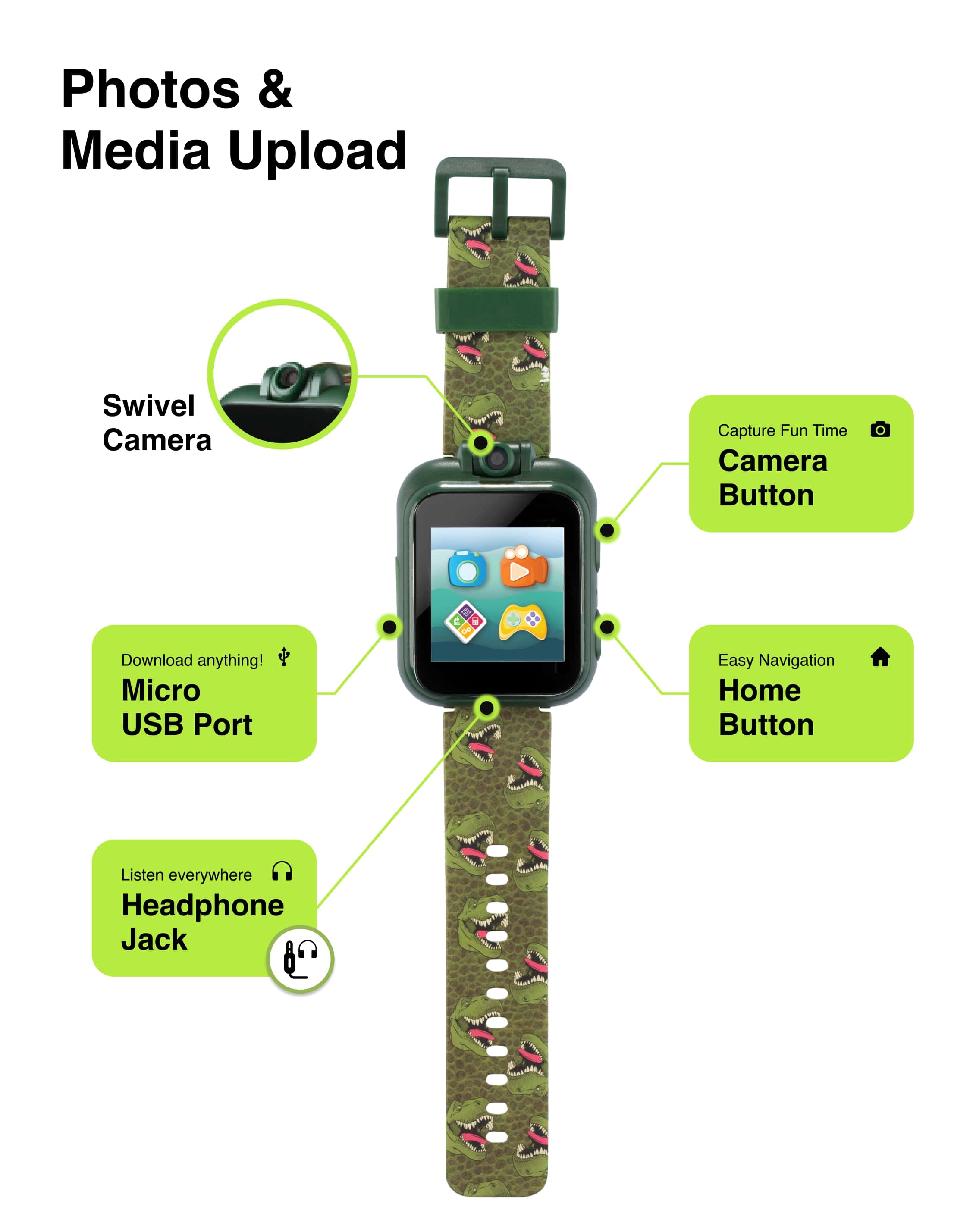 PlayZoom 2 Kids Smartwatch with Headphones: Green Dinosaur affordable smart watch with headphones